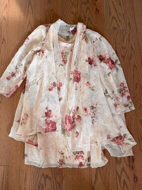 R&M Richards Floral Dress and Jacket Set - Cream and Pink roses wedding guest